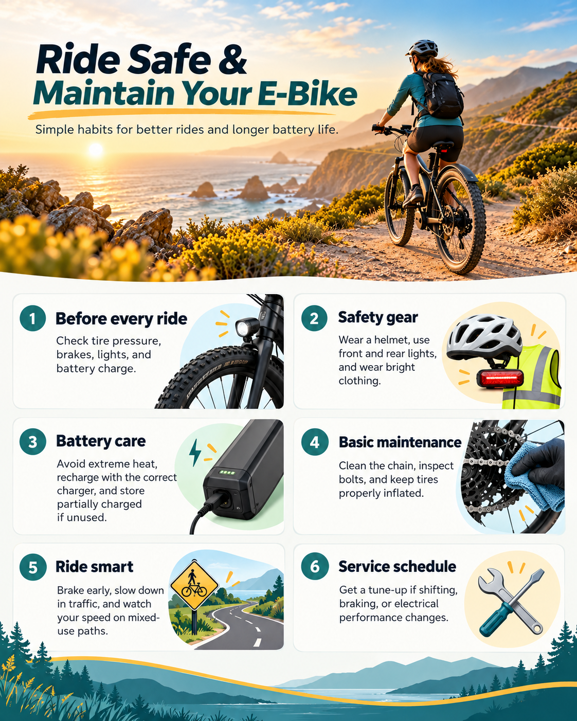 E-bike riding safety and care infographic